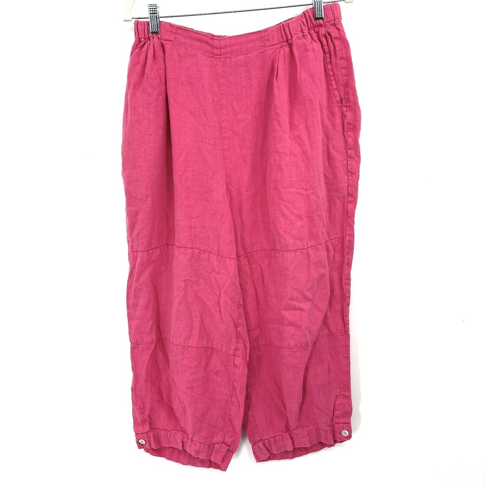 FLAX pink lagenlook 100% linen pants boho chic Mori Kei barrel leg button cuff L